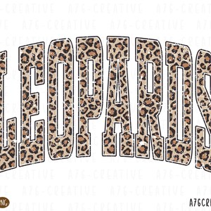 May include: The word "LEOPARDS" is displayed in a bold, arched font. The letters are filled with a leopard print pattern in shades of brown and tan, outlined in black. The background is white.