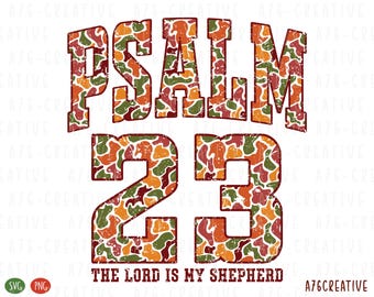 May include: A digital graphic design featuring the text "PSALM 23" in a distressed, camouflage-style font. Below, the words "THE LORD IS MY SHEPHERD" are displayed. The design incorporates shades of orange, green, and brown.