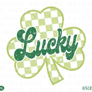 Trébol de la suerte a cuadros retro Png Svg, Trébol a cuadros Png, Día de San Patricio, Camisa de sublimación a cuadros con trébol de la suerte vintage. Svg y Png