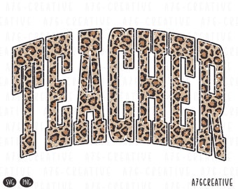 May include: A graphic design featuring the word "TEACHER" in a distressed, vintage style. The letters are filled with a leopard print pattern in shades of brown and tan.