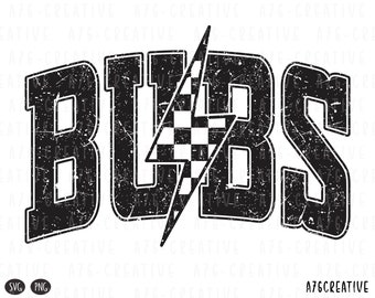 May include: Black and white graphic design with the word "BUBS" in a distressed font. A checkered racing flag with a lightning bolt is behind the word.