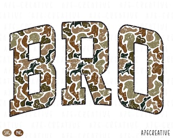 May include: The word "BRO" in a distressed font, filled with a camouflage pattern in shades of brown, green, and tan. The letters have a white outline and a textured appearance, with the text "A76CREATIVE" at the bottom.