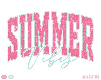 May include: A digital graphic with the words "SUMMER VIBES" in a distressed, pink, arched font. The word "Vibes" is in a light blue script font. The background is white. The image has a vintage, retro feel.