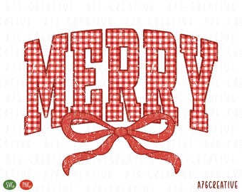 May include: The word MERRY in a distressed varsity font with a red and white gingham pattern. A red ribbon bow with a distressed texture is positioned horizontally across the bottom of the letters. The design features a white background.