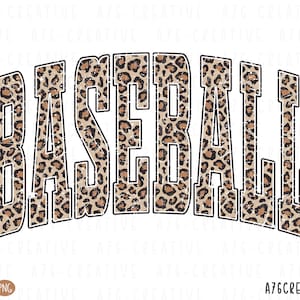 May include: A digital graphic with the word "BASEBALL" in a bold, arched font. The letters are filled with a leopard print pattern in shades of brown and tan, outlined in a darker brown. The design includes the text "SVG PNG" and "A76CREATIVE".