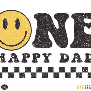 Retro Groovy One Happy Dad Svg Png, Checkered Happy Dad Svg, Boho Png, Groovy Dad, Vintage Groovy One Happy Dad Sublimation Shirt. Svg & Png