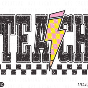Lápis de Relâmpago Teach Checkered Png Svg, Teac Png, Teach Lightning Bolt, Lápis de Tecnologia, Lápis de Relâmpago Teach Retro Sublimação. Svg Png