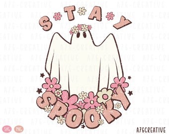 Retro Halloween Ghost with Flowers, Stay Spooky SVG PNG (Digital Download)