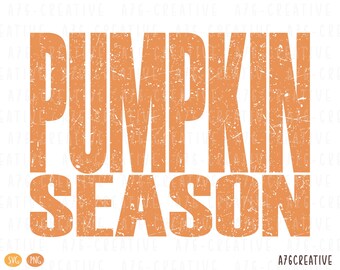 May include: Orange text on a white background reads "PUMPKIN SEASON" in a distressed font. The image includes "SVG" and "PNG" icons in the bottom left corner and "A76CREATIVE" in the bottom right corner.