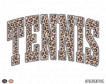 May include: A digital graphic with the word "TENNIS" in a bold, block letter font. The letters are filled with a leopard print pattern in shades of brown and tan, outlined in black. The design has a distressed, vintage look.