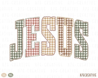May include: The word JESUS is written in large, block-style letters with a distressed, weathered texture. Each letter features a different colored gingham plaid pattern, alternating between muted sage green, dusty rose, and tan brown tones.