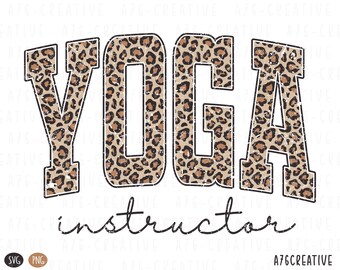 May include: A digital graphic with the word "YOGA" in large, distressed, leopard print letters. Below, the word "instructor" is written in a cursive font. The design is on a white background, suitable for apparel or print.