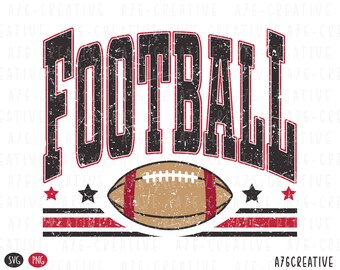 Könnte beinhalten: Eine verwitterte Grafik in Schwarz und Rot mit dem Wort "FOOTBALL" in großer, fetter Schrift. Ein brauner und weißer Fußball befindet sich mittig unter dem Wort. Die Grafik ist von einem rot-weiß-schwarzen Streifenmuster mit drei roten Sternen eingerahmt.