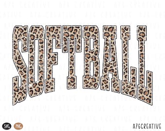 May include: The word "SOFTBALL" in a bold, arched design. The letters are filled with a leopard print pattern in shades of brown and tan, outlined in black with a distressed effect. The image includes "SVG" and "PNG" icons.