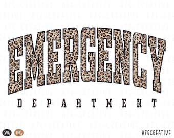 May include: A digital design featuring the text "EMERGENCY" in a bold, arched font with a leopard print pattern. Below, the words "DEPARTMENT" are displayed in a simple, blocky font. The design is set against a white background.