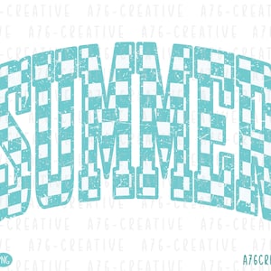 May include: A blue and white checkered graphic of the word "SUMMER" with a distressed, vintage look.