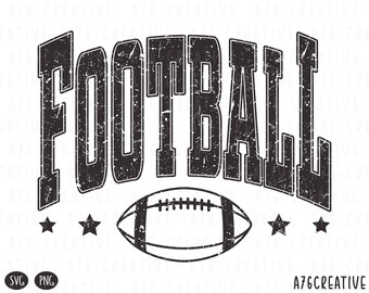 May include: Black and white distressed graphic design of the word "FOOTBALL" with a vintage style football underneath. Two stars are on either side of the football.