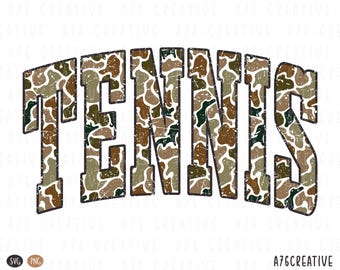 May include: The word "TENNIS" in a camouflage pattern, featuring shades of brown, green, and tan. The letters are in a bold, blocky font with a distressed texture, set against a white background. The design includes the text "A76CREATIVE" at the bottom.
