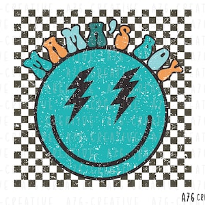 Retro geruite Groovy Mama's Boy Lightning png, Groovy Mama's Boy png, vintage groovy Happy Litter Mama's Boy sublimatieshirt. Png en jpeg