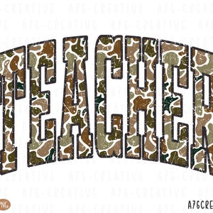 May include: A digital graphic design featuring the word "TEACHER" in a bold, arched font. The letters are filled with a camouflage pattern in shades of brown, green, and tan, with a distressed, vintage effect. The design is set against a white background.