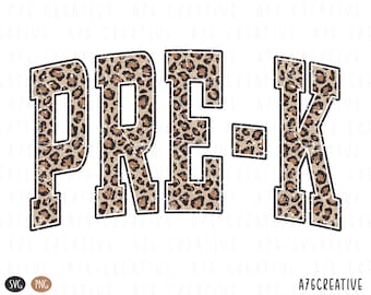 May include: The word "PRE-K" in a bold, block letter style, with a leopard print pattern. The letters are outlined in black and have a distressed, vintage look. The background is white.