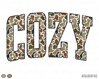 May include: The word "COZY" in large, distressed font. The letters are filled with a camouflage pattern in shades of brown, green, and tan, outlined in black. The background is white.
