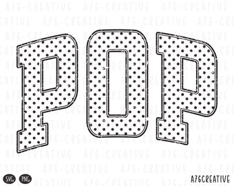 May include: Black and white graphic design of the word "POP". The letters are outlined in black with a dotted pattern inside. The design has a distressed, vintage look. The text "A76CREATIVE" is at the bottom right.