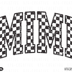 May include: Black and white checkered design of the word "MIMI" with a distressed, vintage look.
