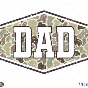 May include: A distressed design features the word "DAD" in bold white letters, set against a camouflage pattern in shades of brown, green, and tan. The design is framed within a dark, geometric border, perfect for Father's Day gifts.