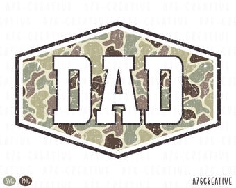 May include: A distressed design features the word "DAD" in bold white letters, set against a camouflage pattern in shades of brown, green, and tan. The design is framed within a dark, geometric border, perfect for Father's Day gifts.