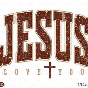 Pode incluir: Um design gr&aacute;fico marrom e bege desbotado com a palavra "JESUS" em uma fonte grande e em negrito. Abaixo da palavra "JESUS" h&aacute; uma cruz e as palavras "LOVE YOU" em uma fonte menor.
