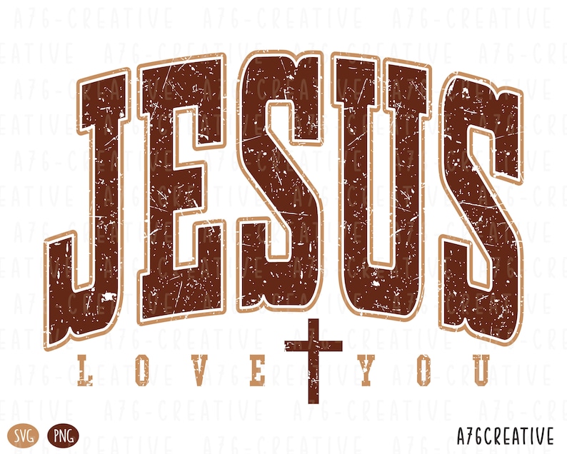 Pode incluir: Um design gr&aacute;fico marrom e bege desbotado com a palavra "JESUS" em uma fonte grande e em negrito. Abaixo da palavra "JESUS" h&aacute; uma cruz e as palavras "LOVE YOU" em uma fonte menor.