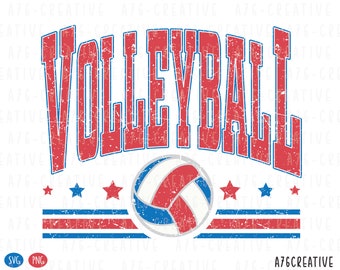 May include: A red, white, and blue distressed graphic with the word "VOLLEYBALL" in a large, bold font. A red, white, and blue volleyball is centered below the text. Three red stars and three blue stars are above the volleyball.