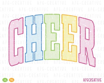 May include: A colorful graphic design featuring the word "CHEER" in large, block letters. Each letter is a different color: pink, blue, green, yellow, and pink again. The letters have a striped texture and a distressed, vintage look.