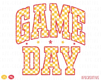 May include: A red and yellow checkered graphic with the text "GAME DAY" in a vintage style font.
