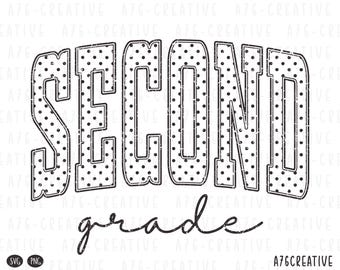 May include: A graphic design featuring the word SECOND in large, black-outlined block letters filled with a black polka dot pattern on a white background, with the word grade written below in a black, distressed, cursive script font.