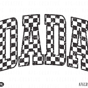 Op de afbeelding: Zwart-wit geruit ontwerp van het woord "DADA" met een verweerde, vintage look.