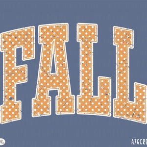 May include: A graphic design featuring the word FALL in large, block-style letters. The letters are orange with a white polka dot pattern and a distressed, weathered texture. The text is outlined in white against a solid, muted blue background.
