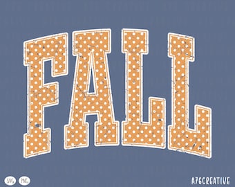 May include: A graphic design featuring the word FALL in large, block-style letters. The letters are orange with a white polka dot pattern and a distressed, weathered texture. The text is outlined in white against a solid, muted blue background.