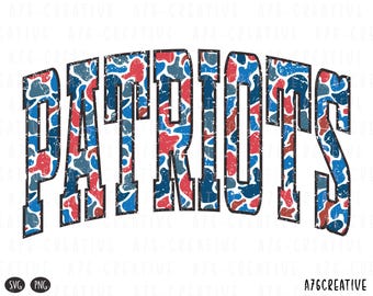 May include: The word "PATRIOTS" in a distressed, arched design. The letters are filled with a camouflage pattern in red, white, and blue. The design has a vintage, worn look, with a black outline and a white background.
