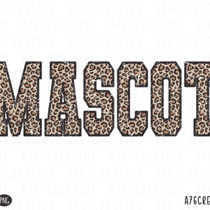 Könnte beinhalten: Das Wort "MASCOT" in fetten, verwitterten Blockbuchstaben. Die Buchstaben sind mit einem Leopardenmuster in Braun- und Beigetönen gefüllt und schwarz umrandet. Das Design enthält die Symbole "SVG" und "PNG".