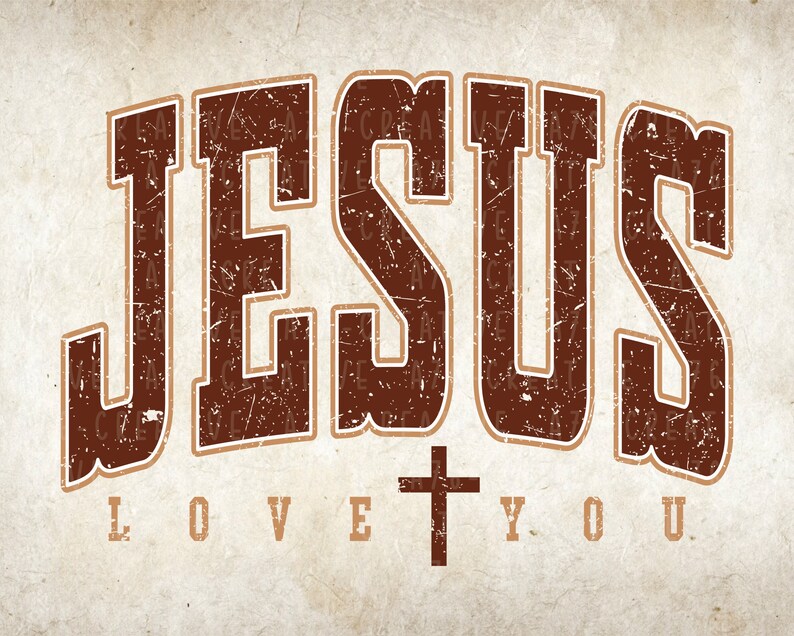 Pode incluir: Um gr&aacute;fico vintage em estilo marrom e branco com a palavra "JESUS" em letras grandes e em negrito. O texto "LOVE YOU" est&aacute; abaixo da palavra "JESUS" com uma cruz marrom entre as palavras.