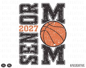 May include: A graphic design featuring the word SENIOR in distressed black block letters with the year 2027 in orange. The word MOM is written in distressed black block letters with an orange basketball replacing the letter O.