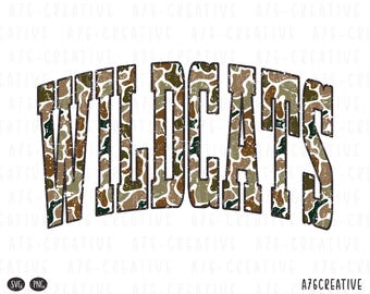 Retro Camo Wildcats Design, Varsity Mascot Word Design, Sublimation Shirt, Team Spirit Digital Download PNG SVG