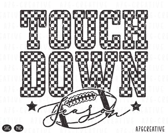 May include: Black and white checkered graphic with the words "TOUCH DOWN" and a football with the word "season" written on it. The graphic has a distressed look.