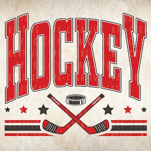K&ouml;nnte beinhalten: Grafik im Vintage-Stil mit dem Wort "HOCKEY" in gro&szlig;en roten Buchstaben. Darunter gekreuzte Hockeyschl&auml;ger, ein Puck und Sterne. Das Design hat einen verwitterten, gealterten Look.