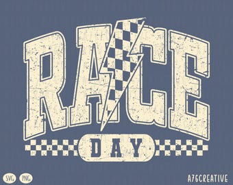 May include: A distressed-style graphic on a blue background. The text "RACE DAY" is in a bold, vintage font, with a checkered lightning bolt in the center. The word "DAY" is in a rounded rectangle with a checkered border.