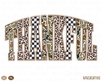 Thankful Camo Leopard Checkered Print Sublimation Design, Fall Autumn Thanksgiving PNG SVG (Digital Download)