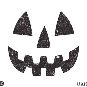 May include: Black and white distressed silhouette of a jack-o'-lantern face. The face has a wide grin with two large eyes and a triangular nose.