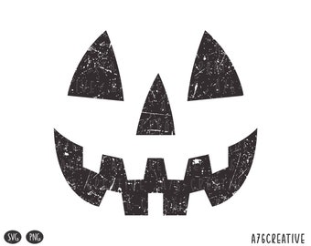 May include: Black and white distressed silhouette of a jack-o'-lantern face. The face has a wide grin with two large eyes and a triangular nose.